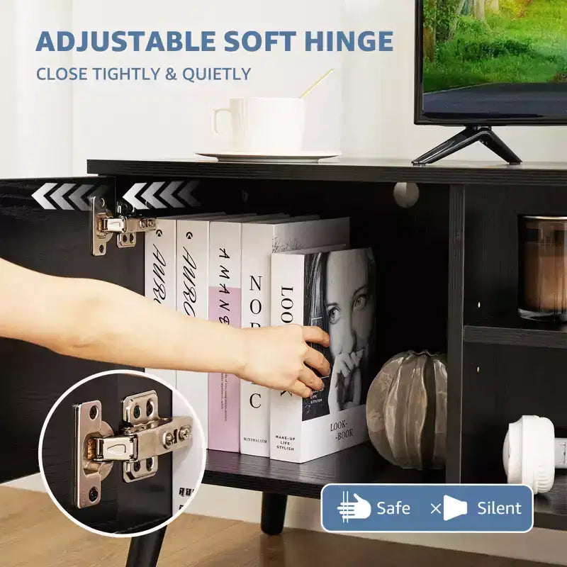 Meuble TV moderne noir/marron pour téléviseurs de 55 à 60 po, étagères ouvertes, assemblage par 1 personne