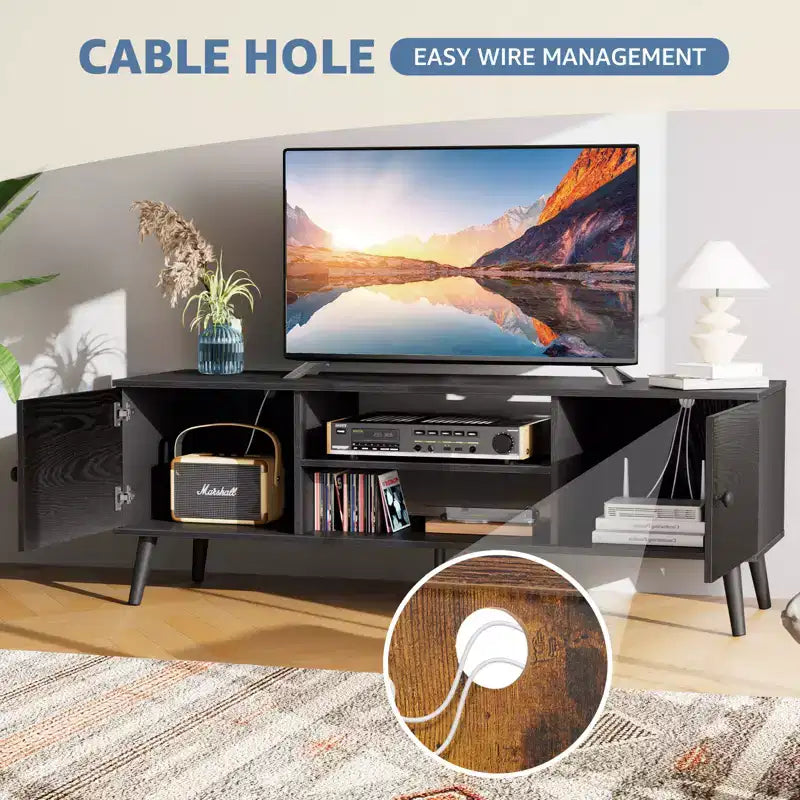 Meuble TV moderne noir/marron pour téléviseurs de 55 à 60 po, étagères ouvertes, assemblage par 1 personne
