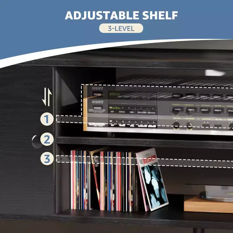 Meuble TV moderne noir/marron pour téléviseurs de 55 à 60 po, étagères ouvertes, assemblage par 1 personne