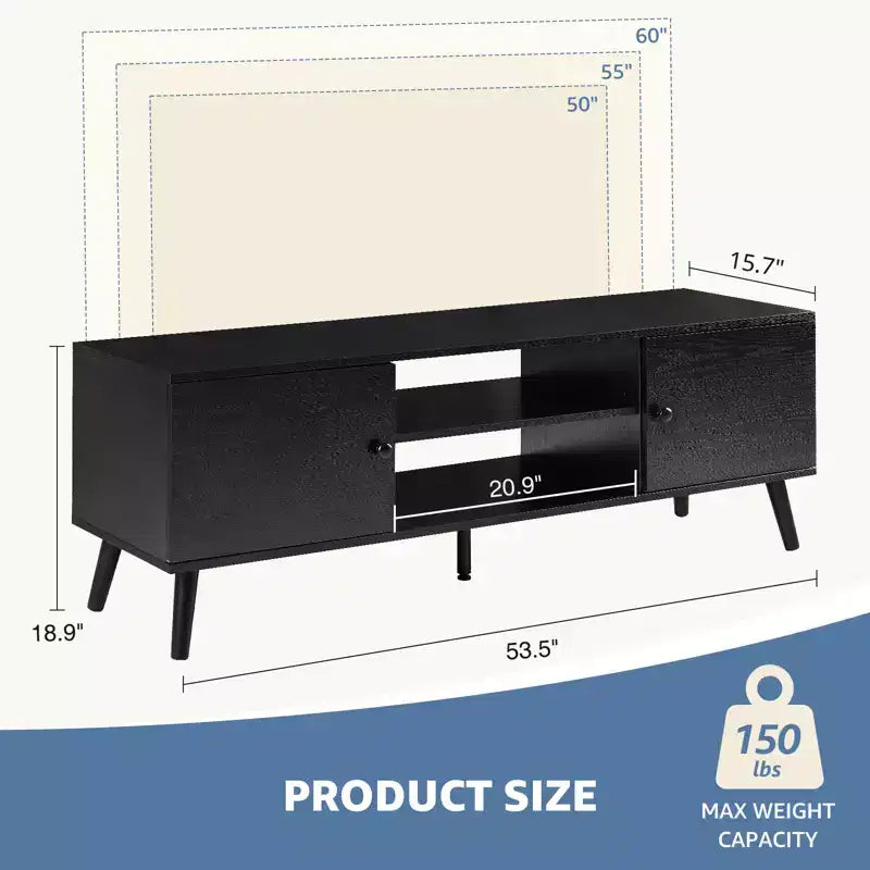 Meuble TV moderne noir/marron pour téléviseurs de 55 à 60 po, étagères ouvertes, assemblage par 1 personne