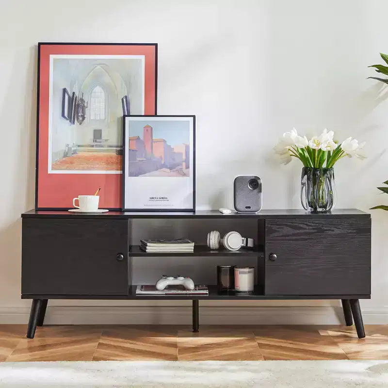 Meuble TV moderne noir/marron pour téléviseurs de 55 à 60 po, étagères ouvertes, assemblage par 1 personne