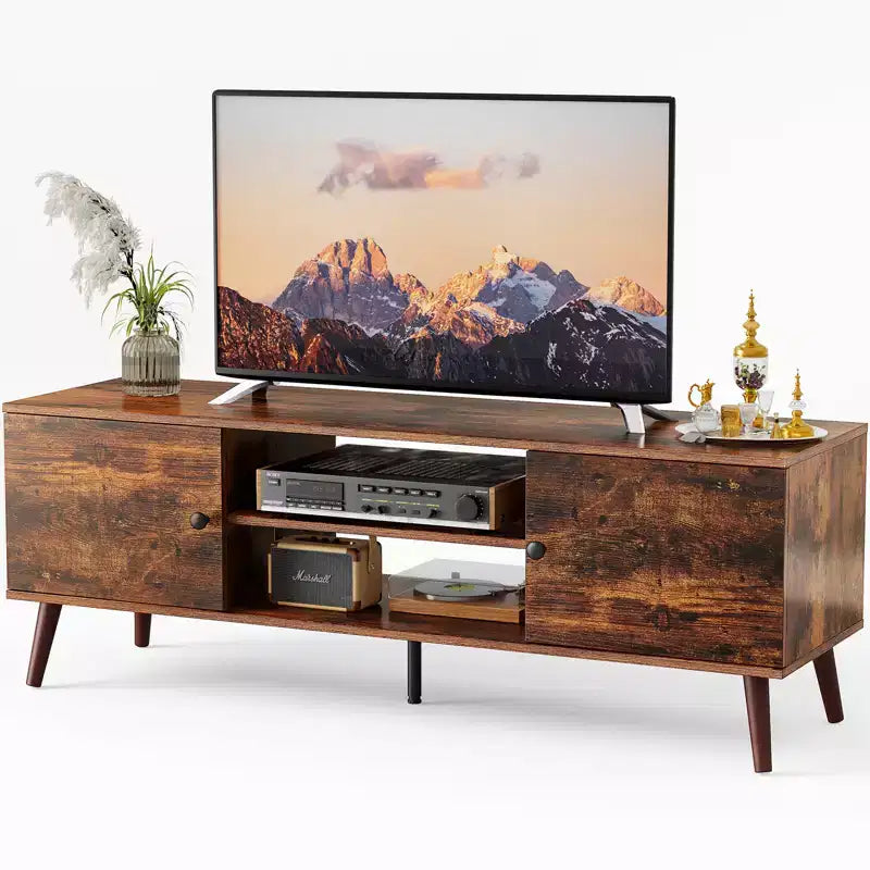 Meuble TV moderne noir/marron pour téléviseurs de 55 à 60 po, étagères ouvertes, assemblage par 1 personne