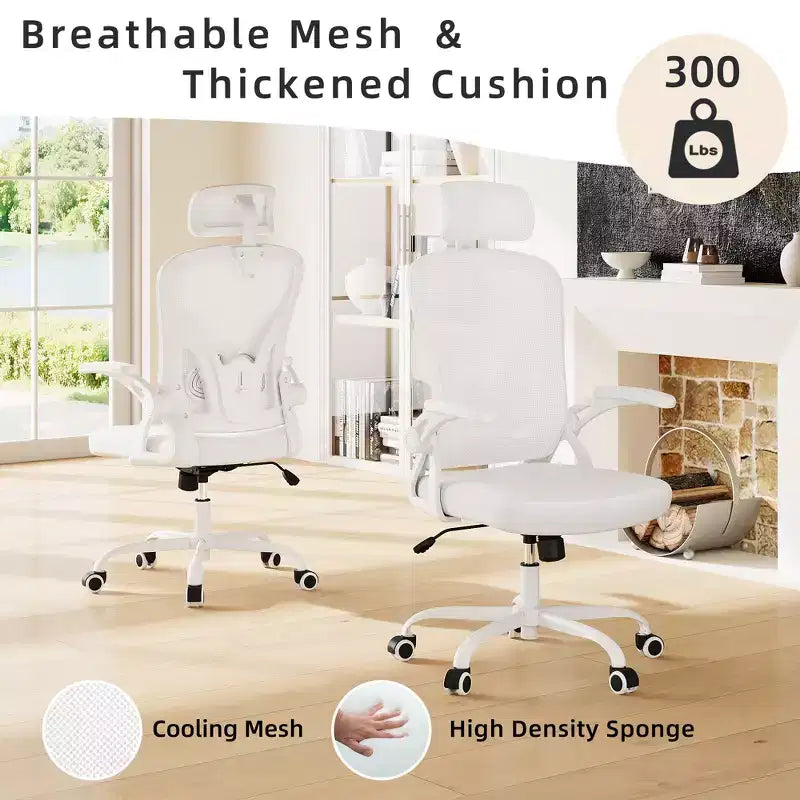 Chaise de bureau blanche, dossier bas, accoudoirs relevables, 1 place