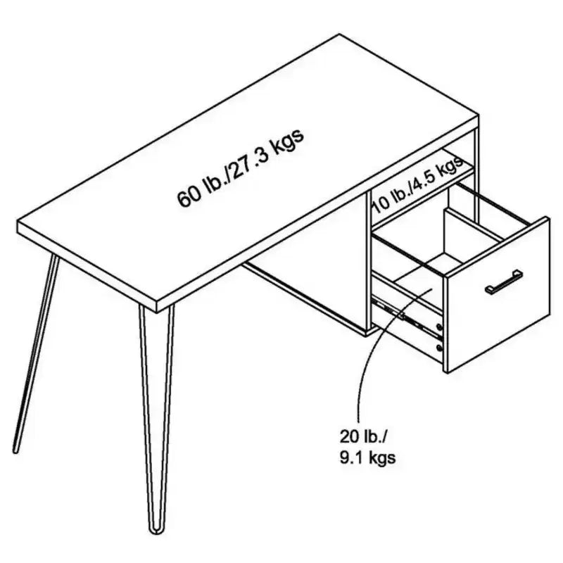 Bureau informatique blanc 45" avec tiroir et pieds en métal – 1 personne