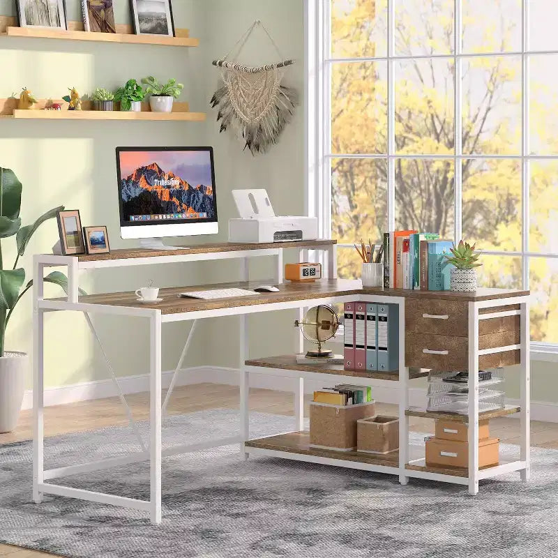 Bureau d'angle pour ordinateur – Gris/Noir, Blanc, Marron/Blanc | En L, 1 personne
