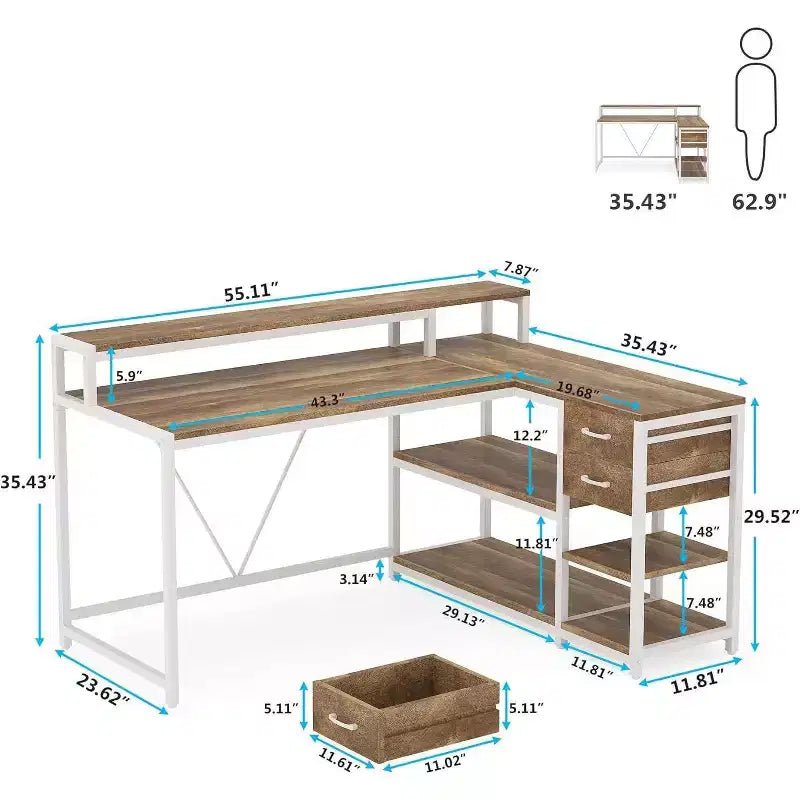 Bureau d'angle pour ordinateur – Gris/Noir, Blanc, Marron/Blanc | En L, 1 personne