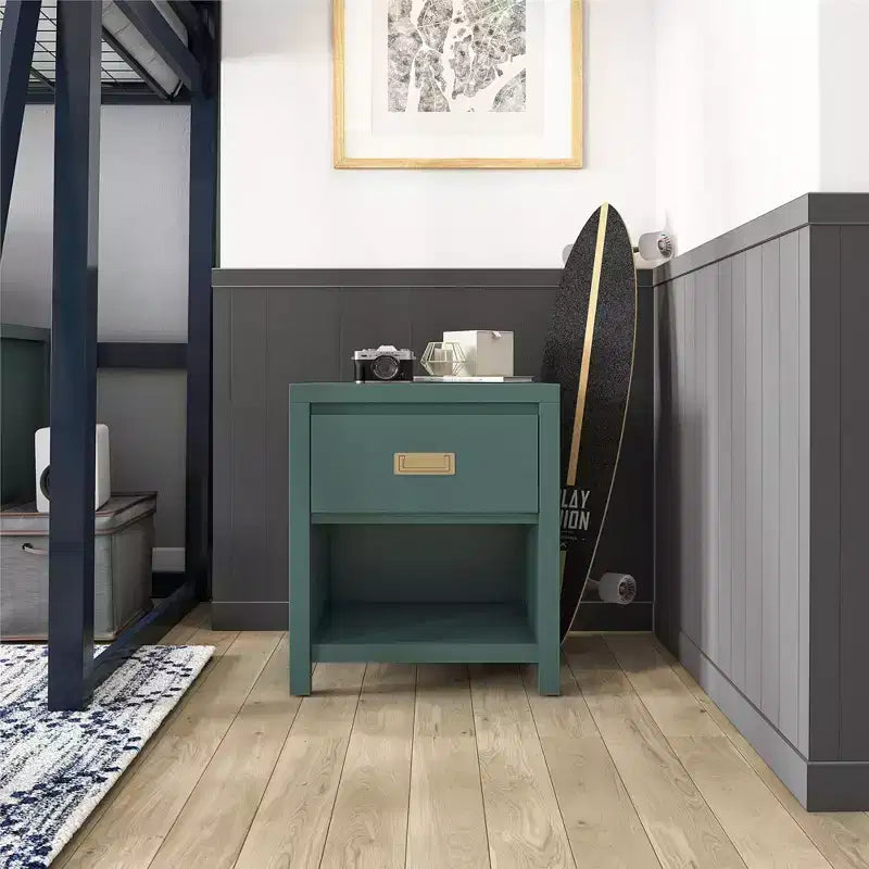 Table de chevet verte en MDF avec tiroir et niche ouverte, usage 1 personne