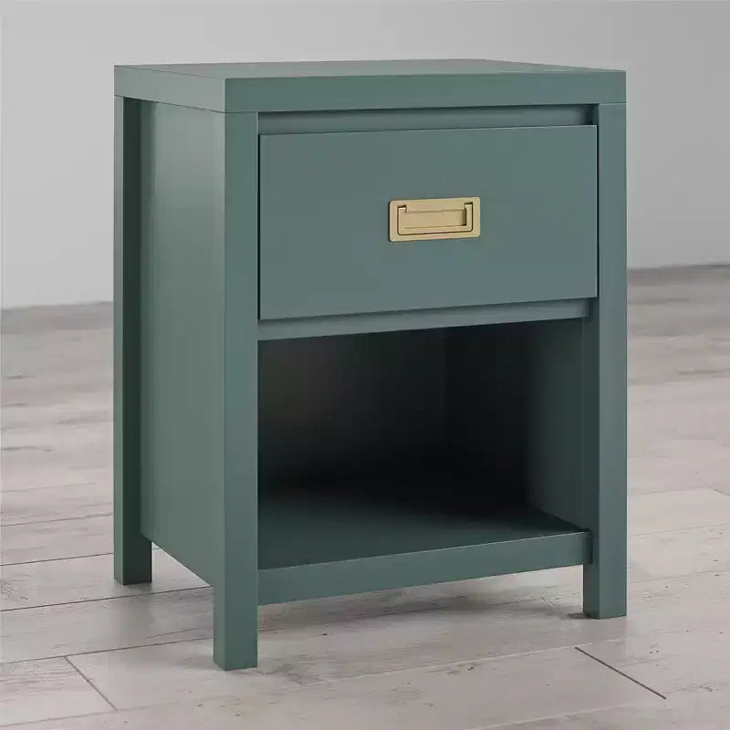 Table de chevet verte en MDF avec tiroir et niche ouverte, usage 1 personne