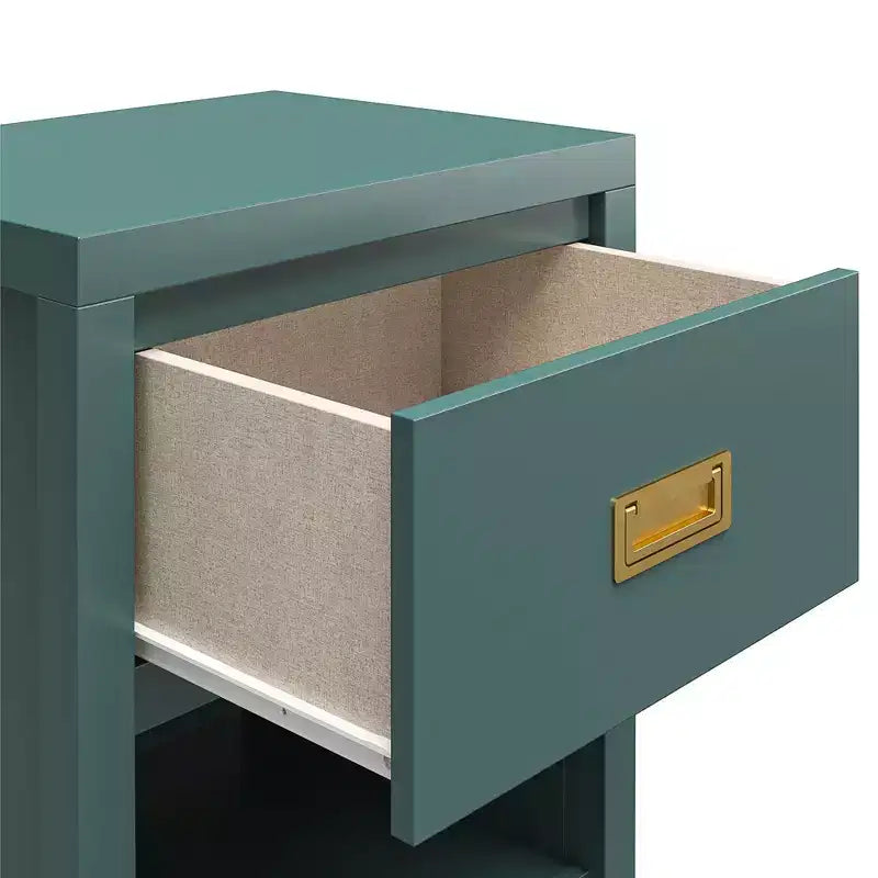 Table de chevet verte en MDF avec tiroir et niche ouverte, usage 1 personne