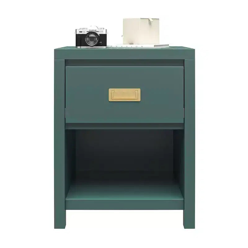 Table de chevet verte en MDF avec tiroir et niche ouverte, usage 1 personne
