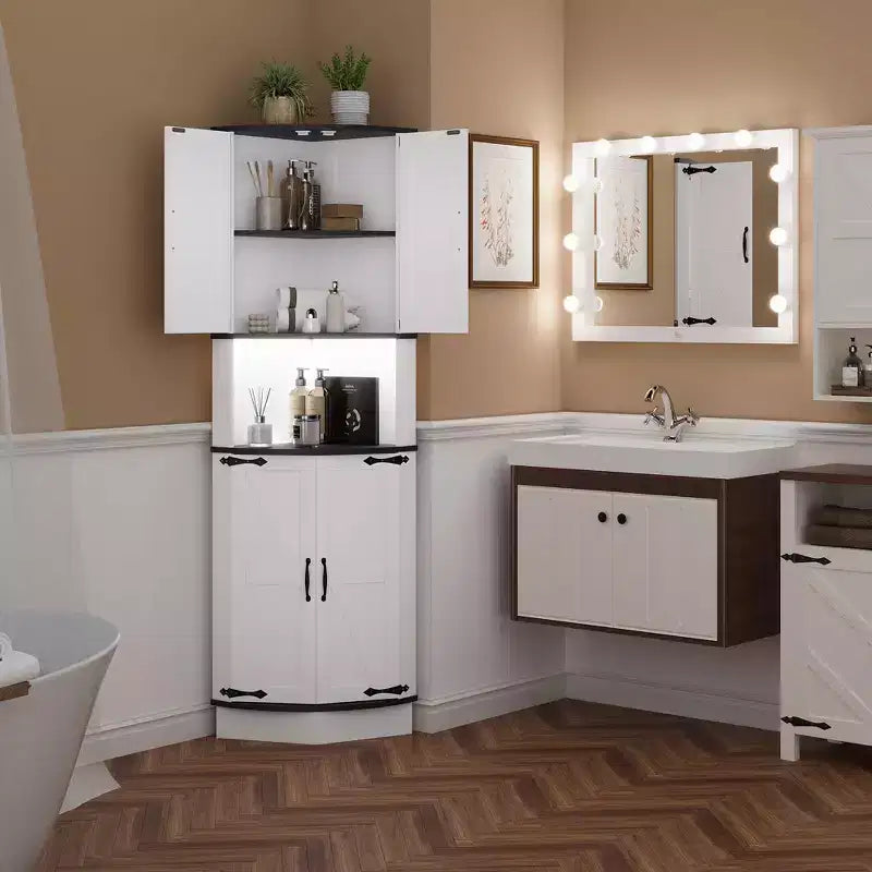 Meuble d'angle noir/marron/blanc | 4 portes de grange | 5 niveaux | Autonome | Assemblage par 1 personne