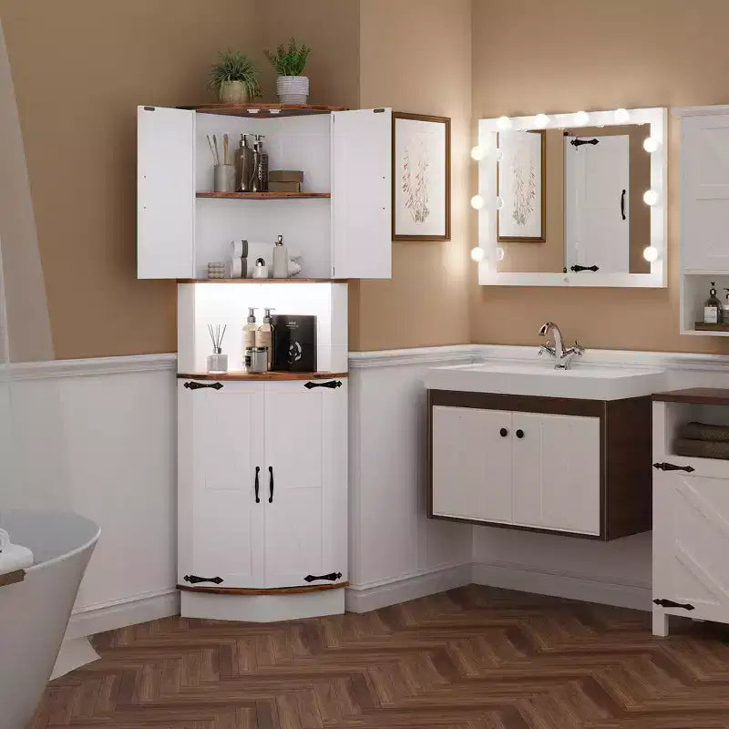 Meuble d'angle noir/marron/blanc | 4 portes de grange | 5 niveaux | Autonome | Assemblage par 1 personne