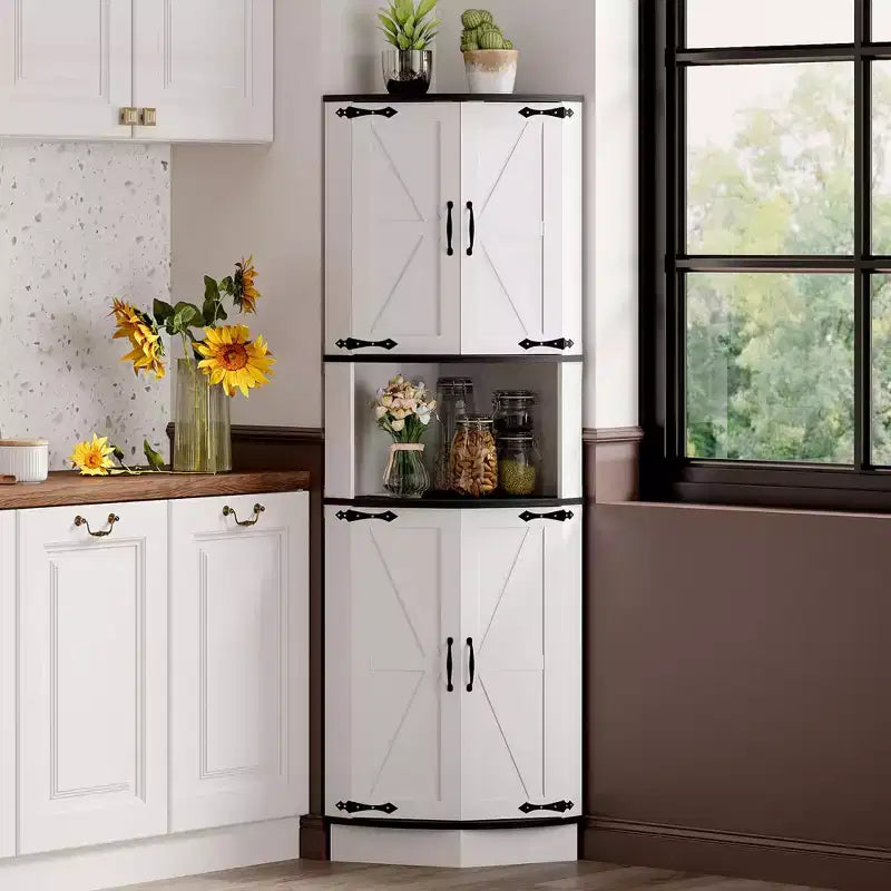 64.6 Farmhouse Corner Cabinet, 5 Tier Tall Storage Cabinet with 4 Barn Doors, Freestanding Pantry Cupboard for Living Room Kitchen