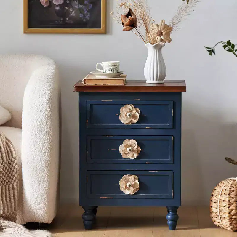 Table de chevet bleue à 3 tiroirs, style fermier, pour 1