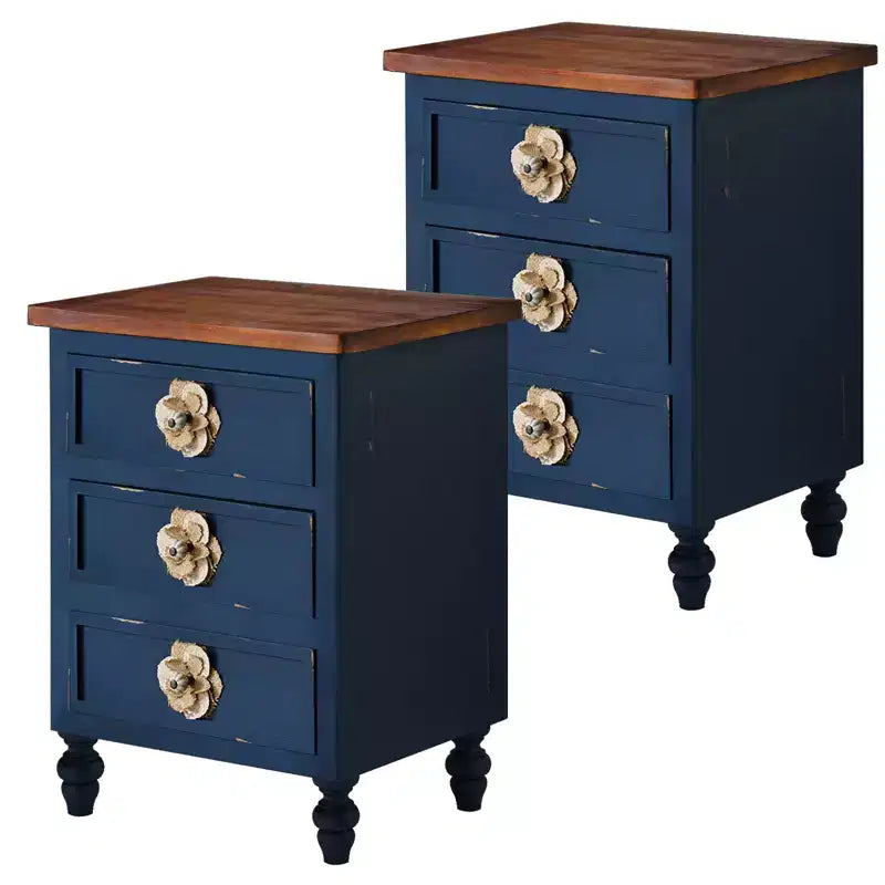Table de chevet bleue à 3 tiroirs, style fermier, pour 1