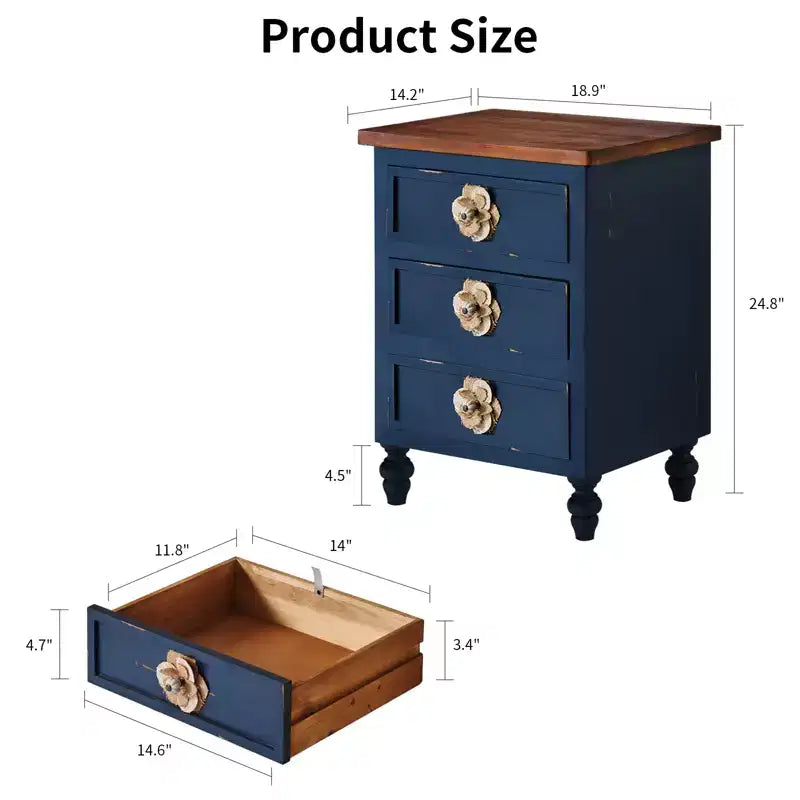 Table de chevet bleue à 3 tiroirs, style fermier, pour 1