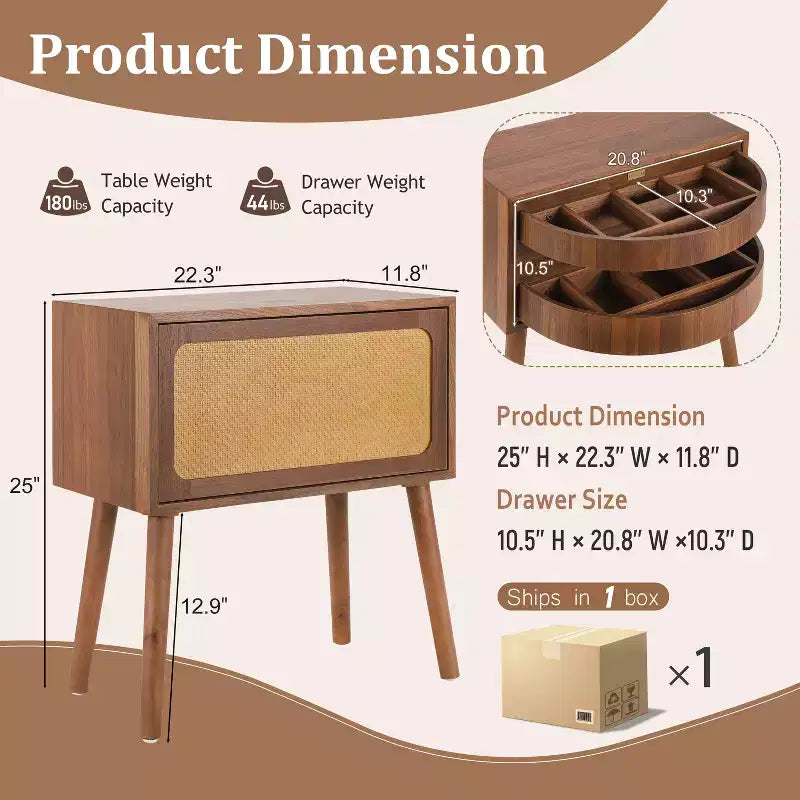 Table de chevet rotative en rotin beige avec compartiments cachés, simple