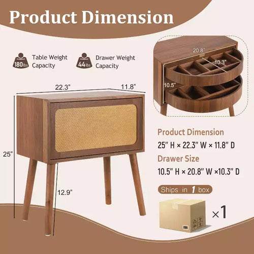 Table de chevet rotative en rotin beige avec compartiments cachés, simple