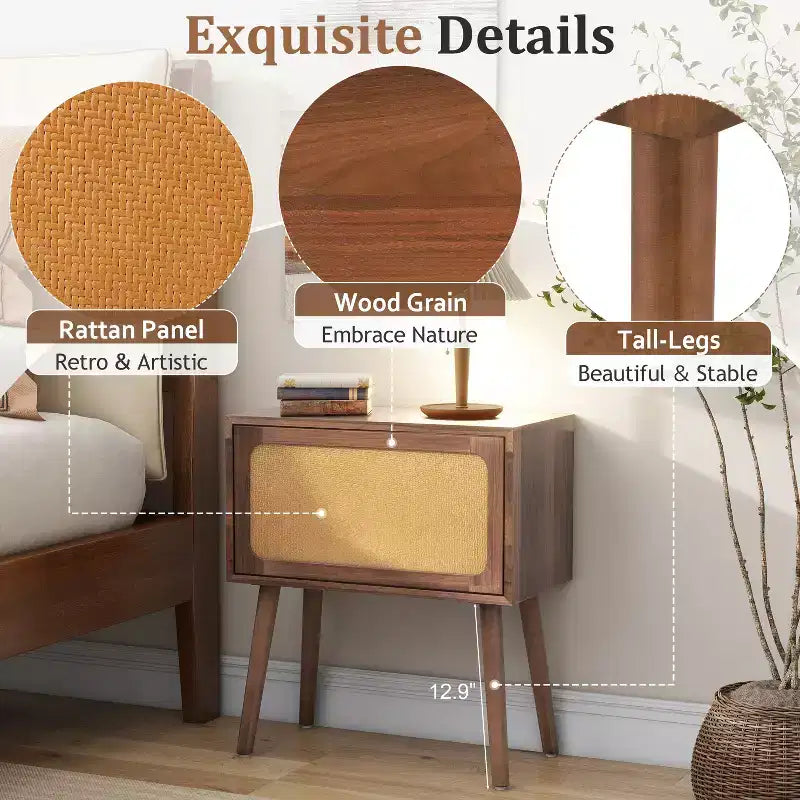 Table de chevet rotative en rotin beige avec compartiments cachés, simple