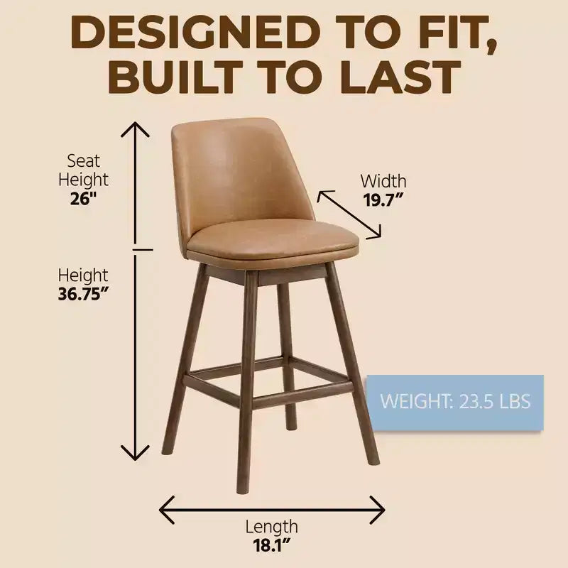 Tabouret de comptoir pivotant 26 po en noyer et cuir brun, sans accoudoirs, dossier mi-hauteur, ensemble de 2