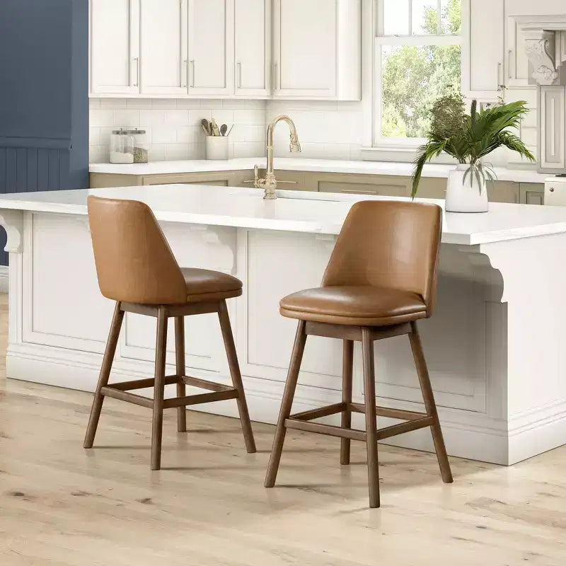 Tabouret de comptoir pivotant 26 po en noyer et cuir brun, sans accoudoirs, dossier mi-hauteur, ensemble de 2