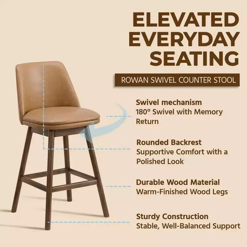 Tabouret de comptoir pivotant 26 po en noyer et cuir brun, sans accoudoirs, dossier mi-hauteur, ensemble de 2