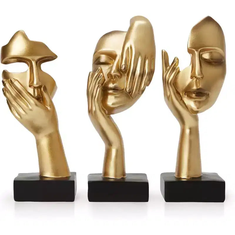 Sculpture de masque abstraite en résine dorée – Décoration d'intérieur, 2 tailles, 1 personne