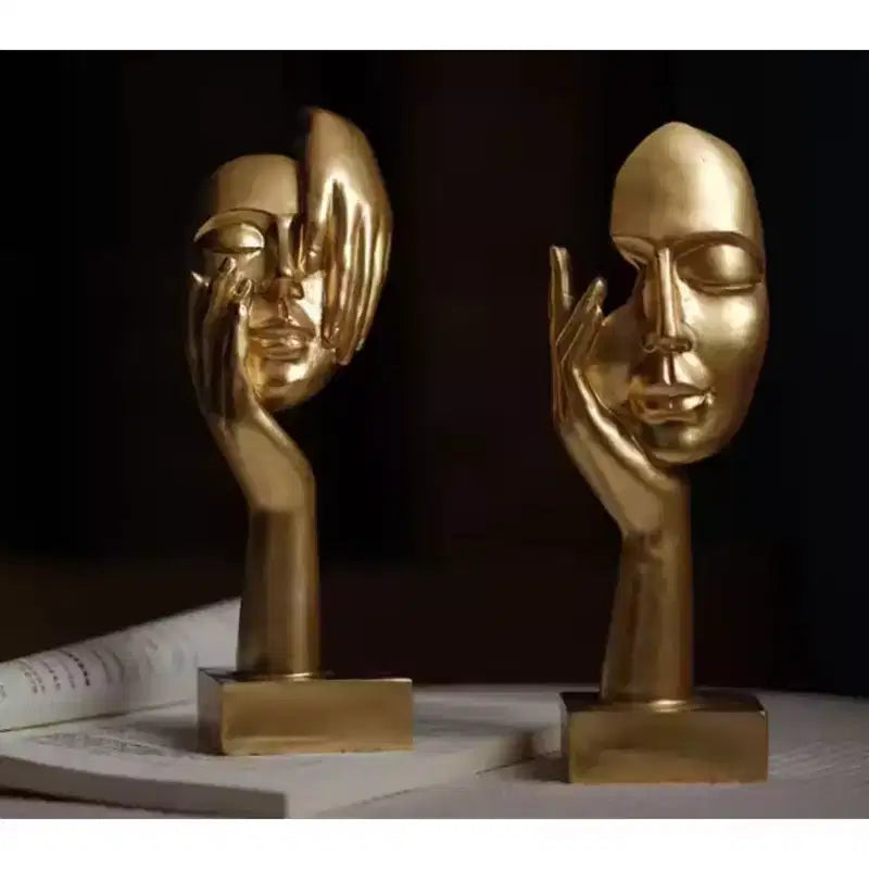 Sculpture de masque abstraite en résine dorée – Décoration d'intérieur, 2 tailles, 1 personne
