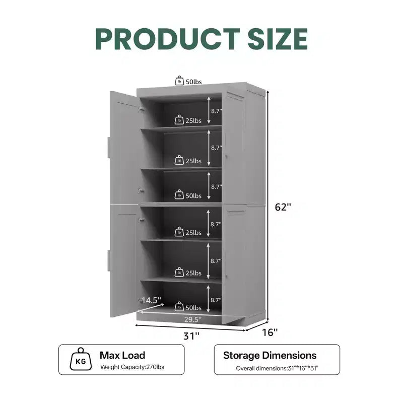 Meuble de rangement autoportant à 4 portes bleu foncé/vert foncé avec étagères réglables, 31"L × 62"/72"H, pour 1