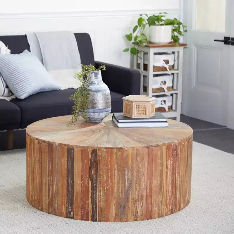 Table basse ronde en bois de récupération marron – Rustique, 1 pièce