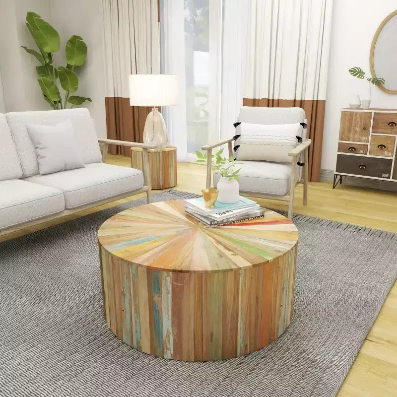 Table basse ronde en bois de récupération marron – Rustique, 1 pièce