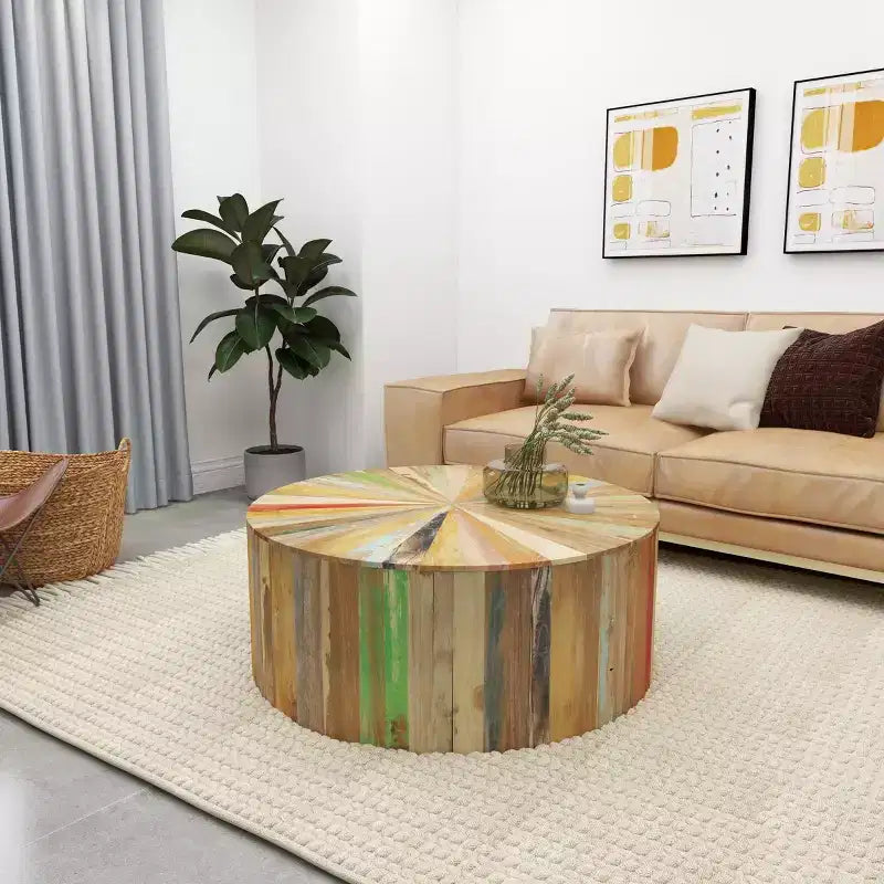 Table basse ronde en bois de récupération marron – Rustique, 1 pièce