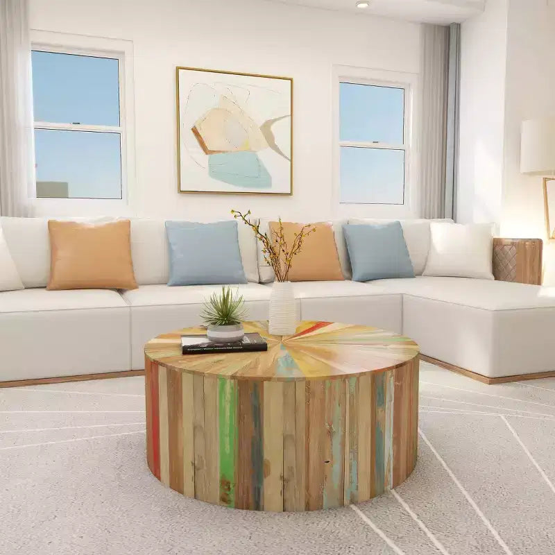Table basse ronde en bois de récupération marron – Rustique, 1 pièce