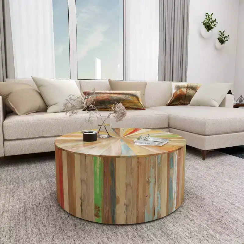 Table basse ronde en bois de récupération marron – Rustique, 1 pièce