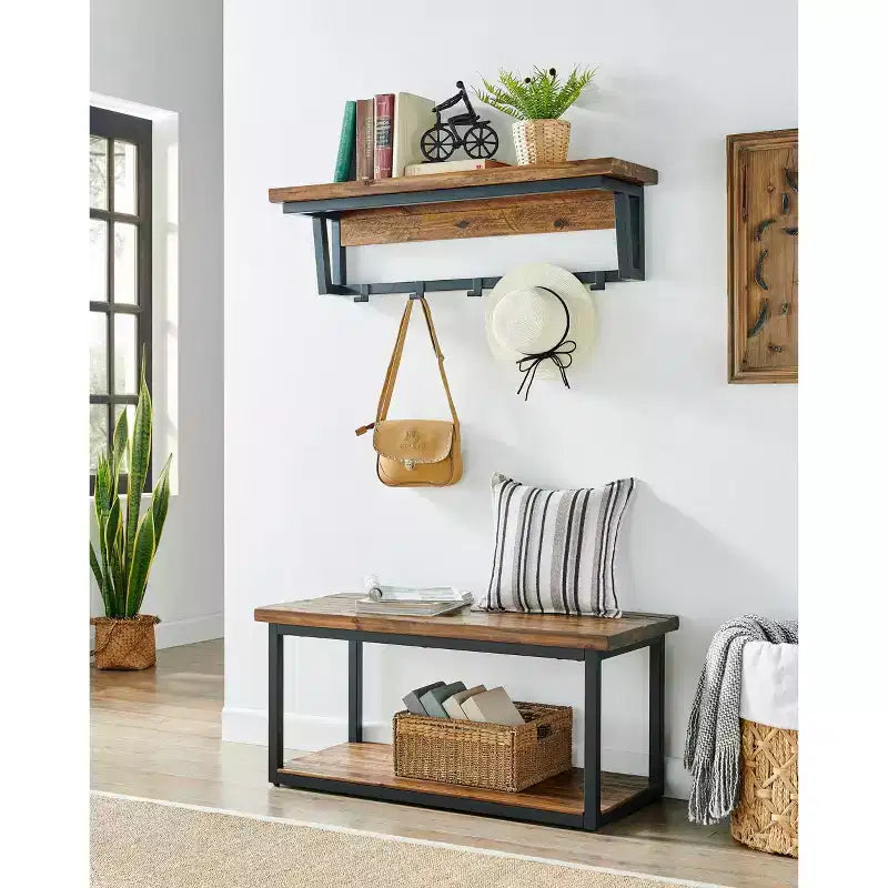 Étagère porte-manteaux en bois marron foncé et métal noir – 5 crochets, 1 personne