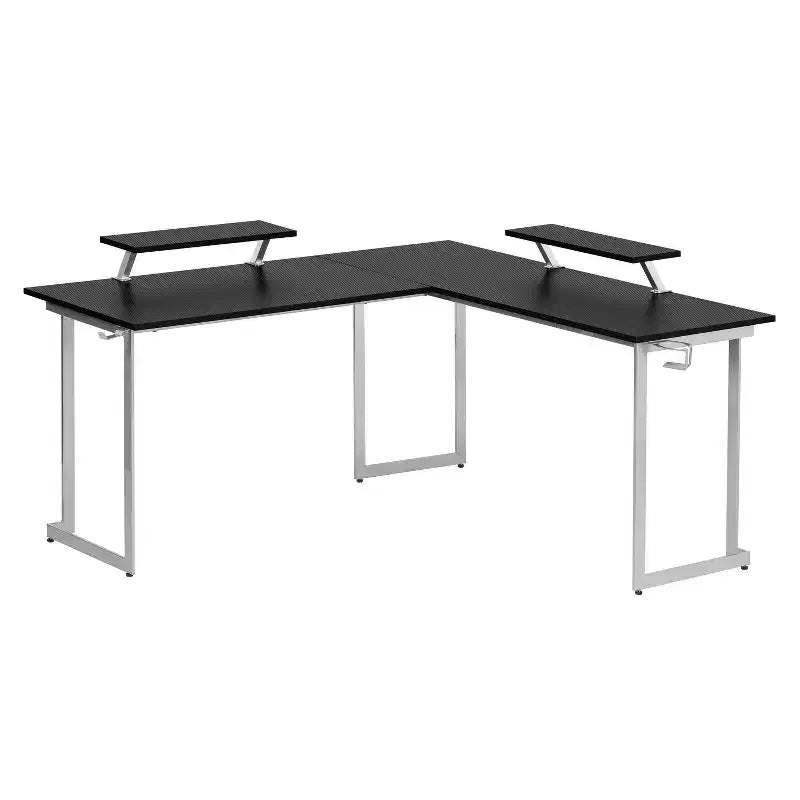 Bureau de gamer d'angle en fibre de carbone noire avec étagères pour moniteurs, 2 personnes