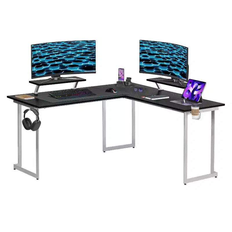 Bureau de gamer d'angle en fibre de carbone noire avec étagères pour moniteurs, 2 personnes