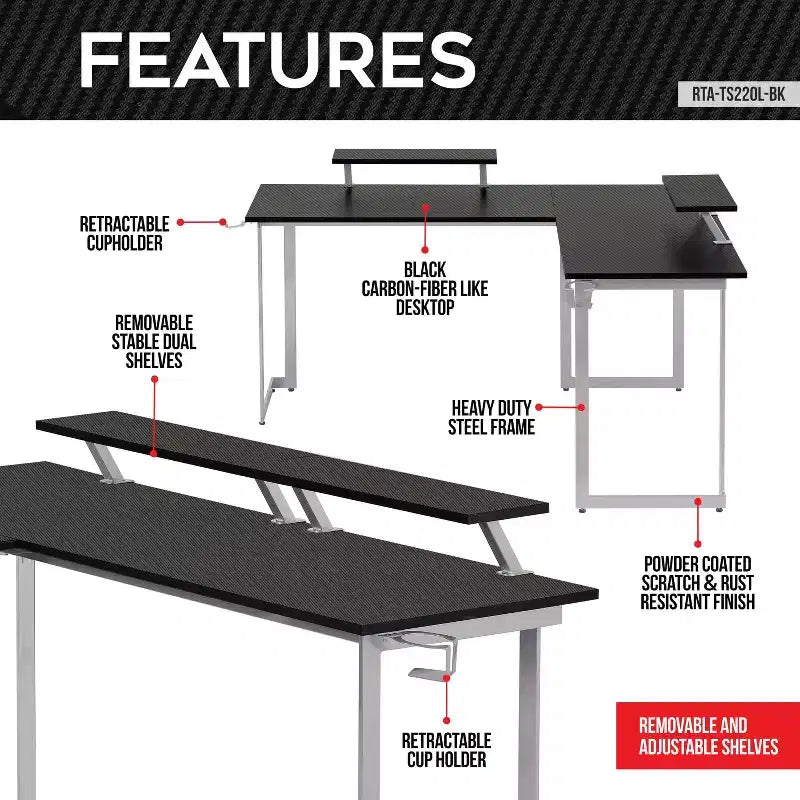 Bureau de gamer d'angle en fibre de carbone noire avec étagères pour moniteurs, 2 personnes