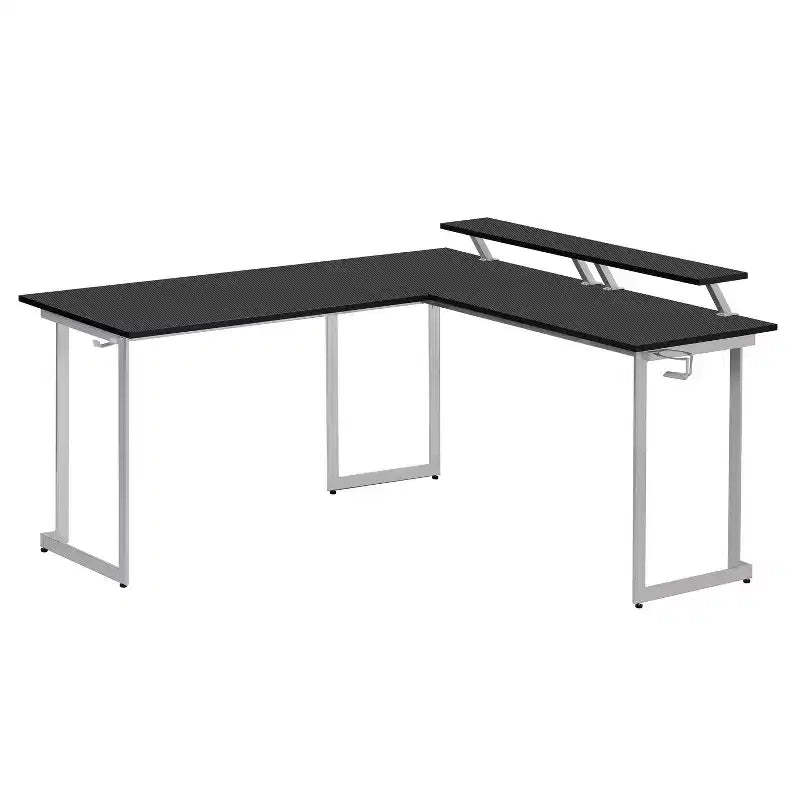 Bureau de gamer d'angle en fibre de carbone noire avec étagères pour moniteurs, 2 personnes