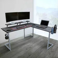 Bureau de gamer d'angle en fibre de carbone noire avec étagères pour moniteurs, 2 personnes