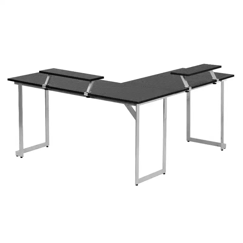 Bureau de gamer d'angle en fibre de carbone noire avec étagères pour moniteurs, 2 personnes