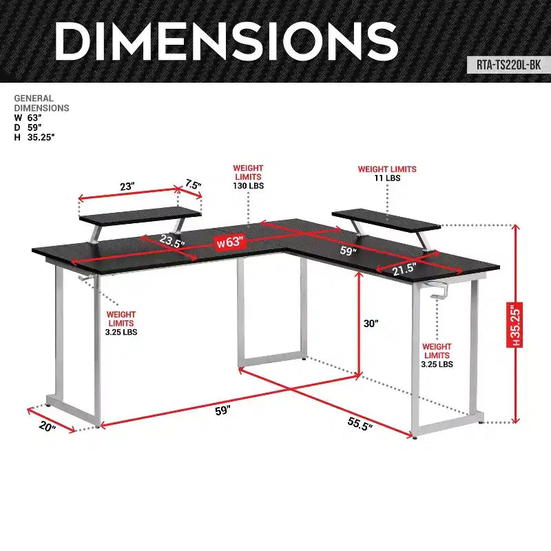 Bureau de gamer d'angle en fibre de carbone noire avec étagères pour moniteurs, 2 personnes