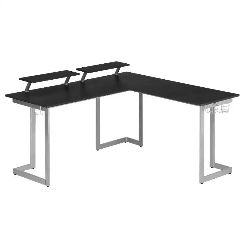 Bureau de gamer d'angle en fibre de carbone noire avec étagères pour moniteurs, 2 personnes