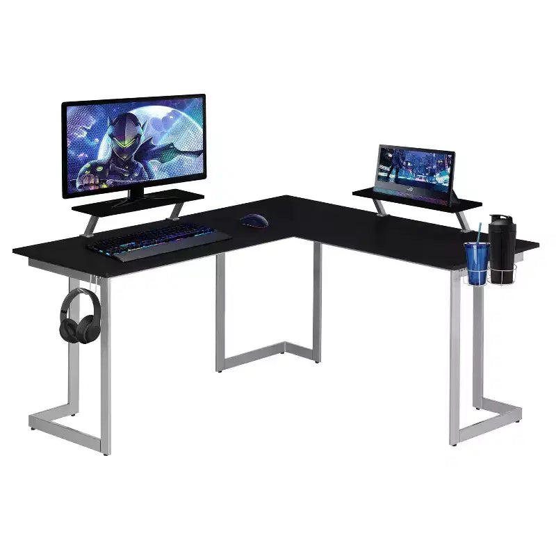 Bureau de gamer d'angle en fibre de carbone noire avec étagères pour moniteurs, 2 personnes