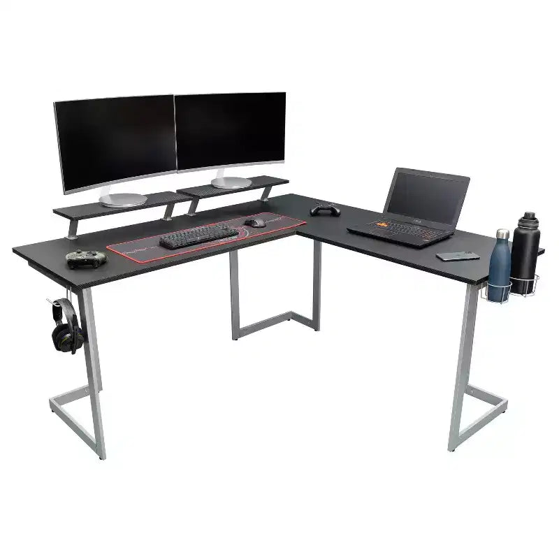 Bureau de gamer d'angle en fibre de carbone noire avec étagères pour moniteurs, 2 personnes