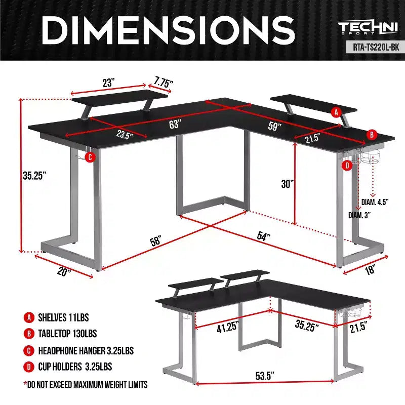 Bureau de gamer d'angle en fibre de carbone noire avec étagères pour moniteurs, 2 personnes