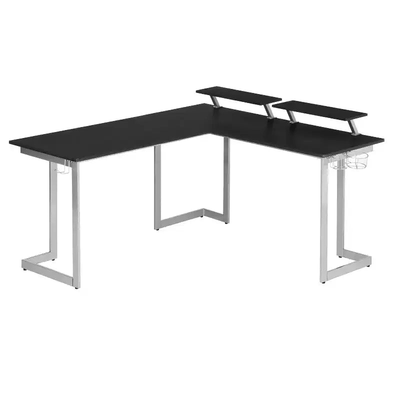 Bureau de gamer d'angle en fibre de carbone noire avec étagères pour moniteurs, 2 personnes