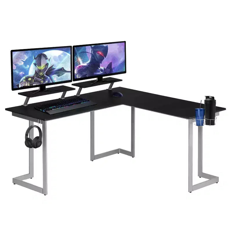 Bureau de gamer d'angle en fibre de carbone noire avec étagères pour moniteurs, 2 personnes