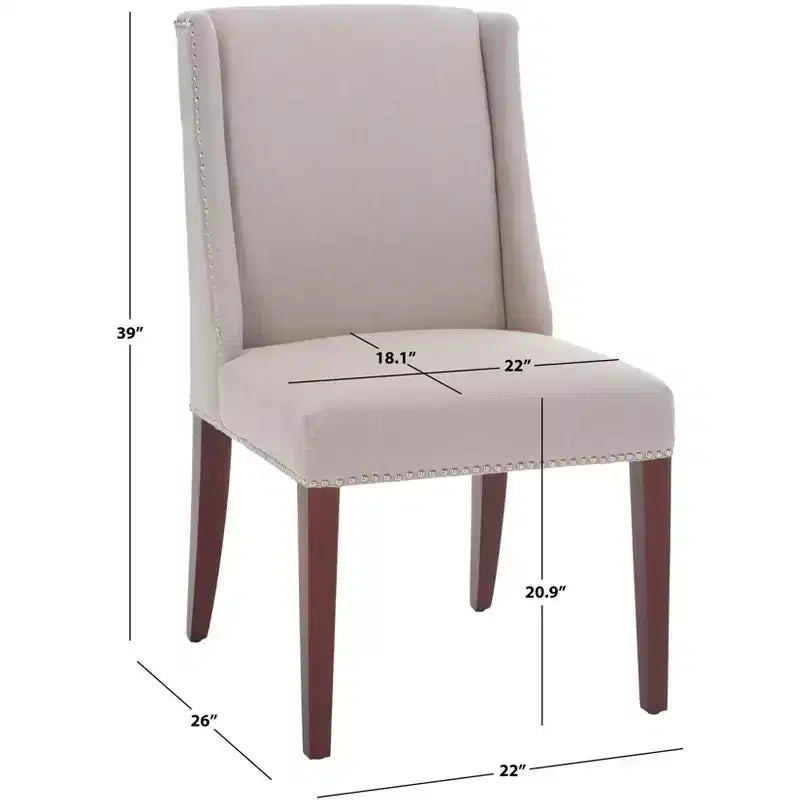 Chaise de salle à manger taupe en lin, sans accoudoirs, dossier haut, garniture cloutée – Lot de 2