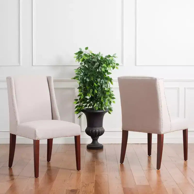 Chaise de salle à manger taupe en lin, sans accoudoirs, dossier haut, garniture cloutée – Lot de 2